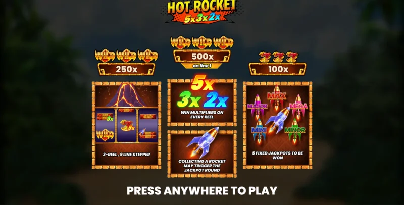 Hot Rocket 5x 3x 2x - päävalikko rullilla ja käynnistyspainikkeella